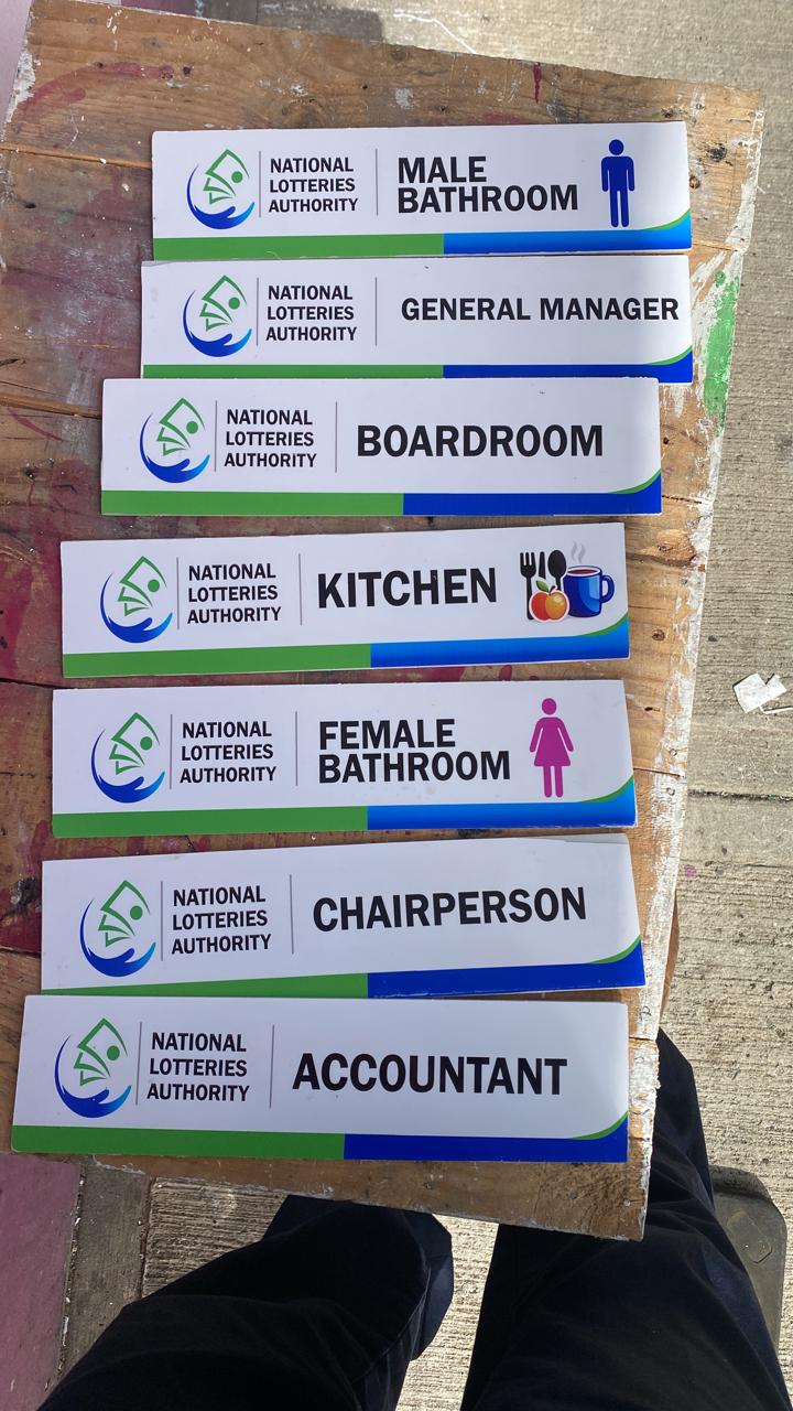 A set of printed directional signs for offices and services