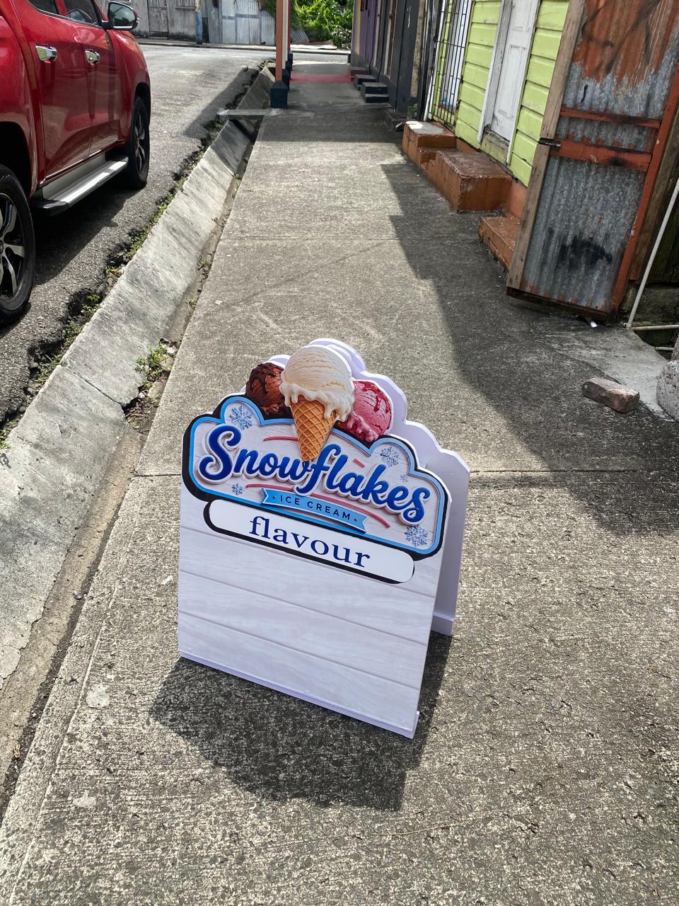 Printed Snow Flakes pavement sign outside a shop